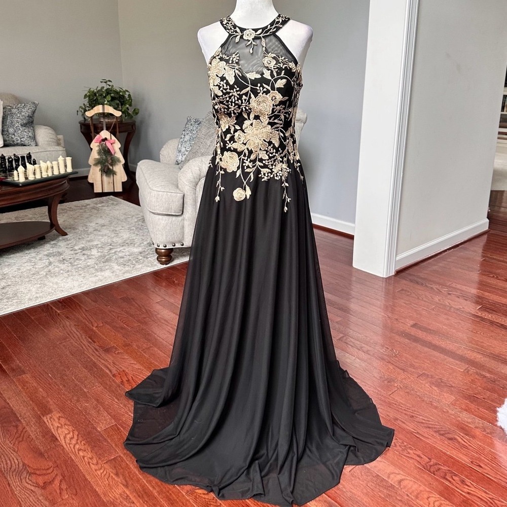 Vintage 2000s Cachet Black Gold Embroidered Sheer Halter Top Gown Dress‎